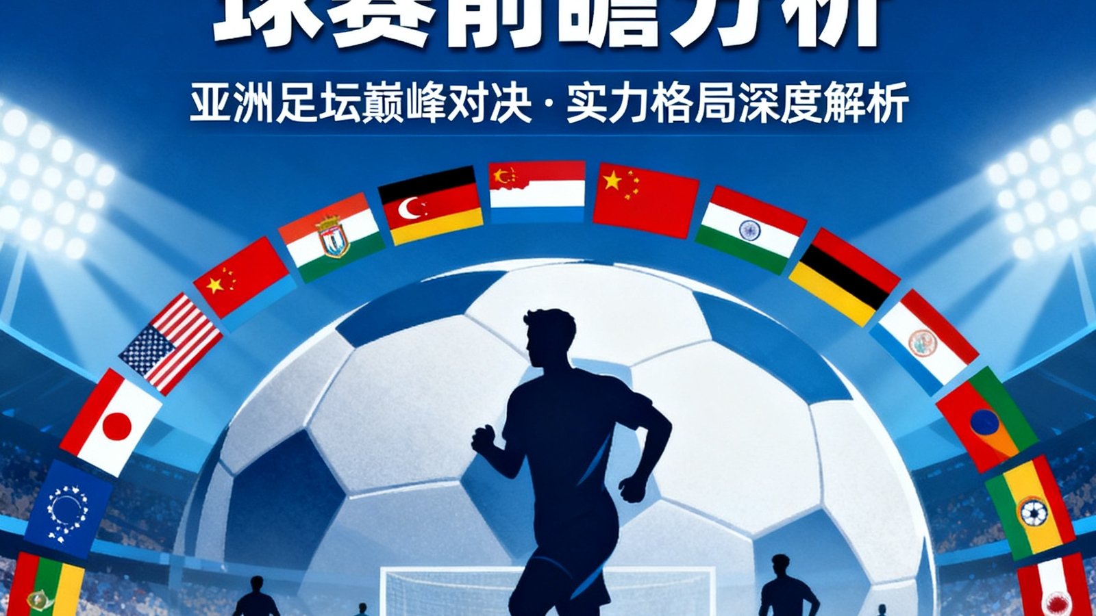 一篇关于2025年亚洲杯足球赛前瞻分析的文章封面图，背景为足球场与亚洲各队国旗的合成画面